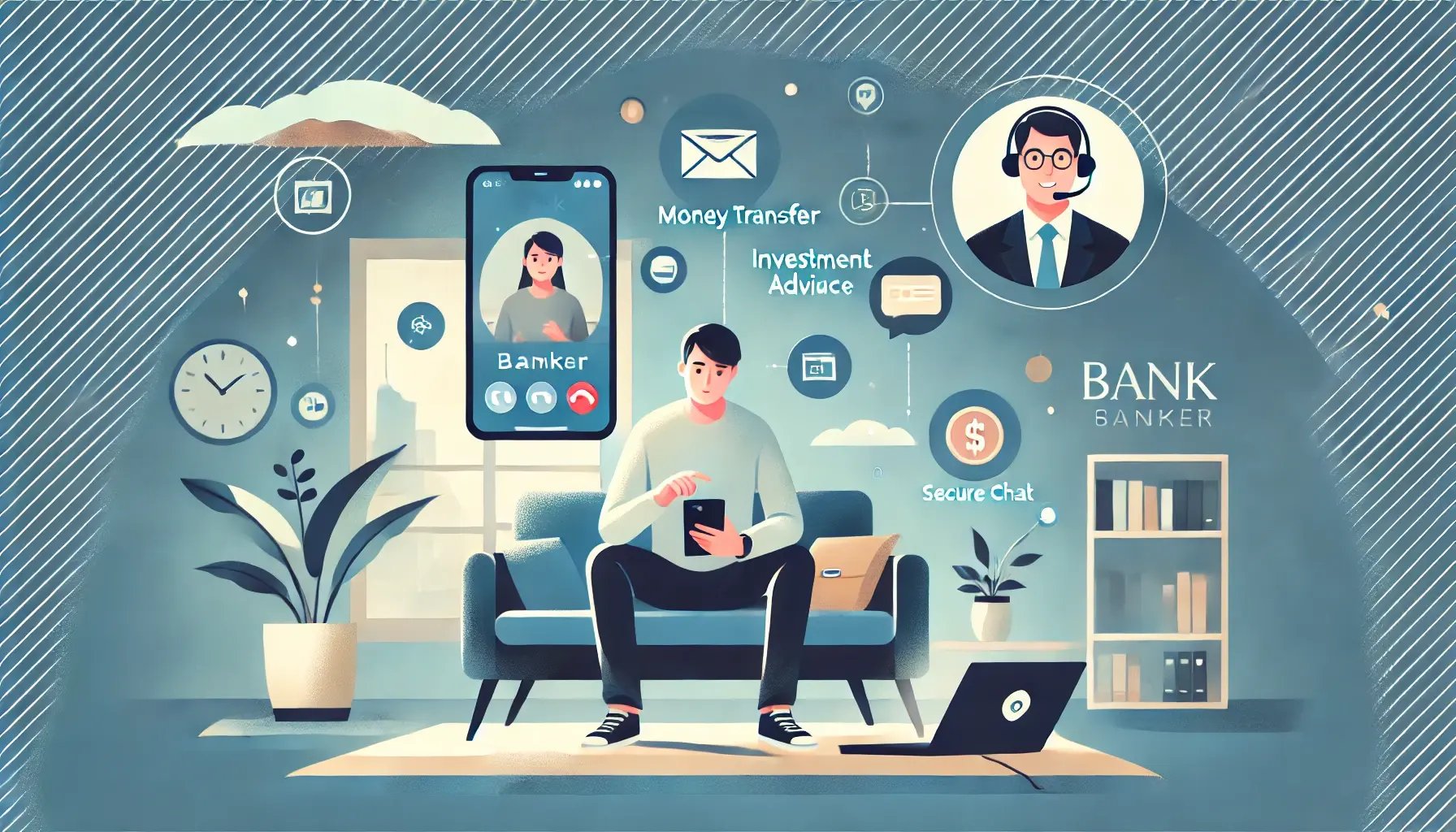 DALL·E 2024-12-06 12.04.12 - A modern illustration depicting a bank customer staying connected to their banker through technology, without any words or text. The scene features a DALL·E 2024-12-06 12.04.12 - A modern illustration depicting a bank customer staying connected to their banker through technology, without any words or text. The scene features a